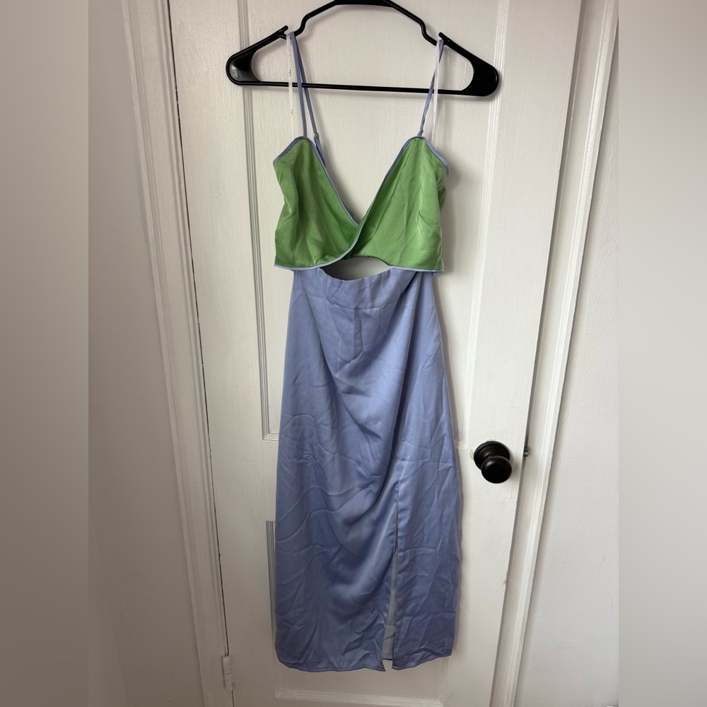 Lulus Perfect Pairing Light Blue Colorblock Satin Cutout Midi Dress